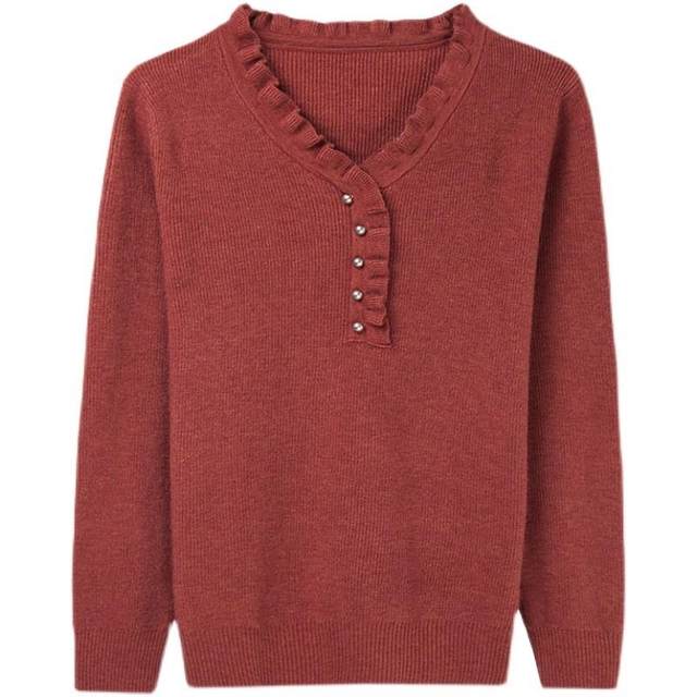 Sweater ແມ່ຍິງພາກຮຽນ spring ແລະດູໃບໄມ້ລົ່ນ Loose Thin V-neck ໄມ້ຫູ-Edge Wool Sweater ຄົນອັບເດດ: ຂອງແມ່ຍິງຖັກລຸ່ມ Sweater