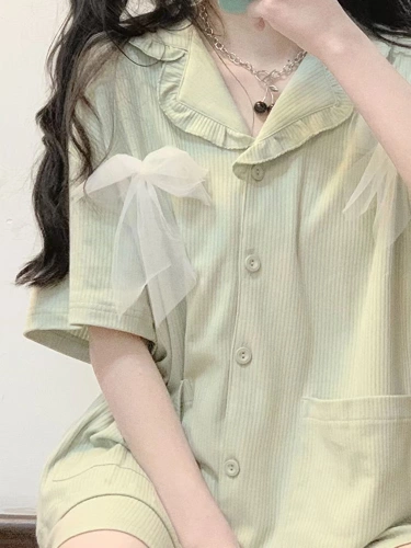 Японская летняя тонкая брендовая пижама, милый кардиган с бантиком, комплект, короткий рукав