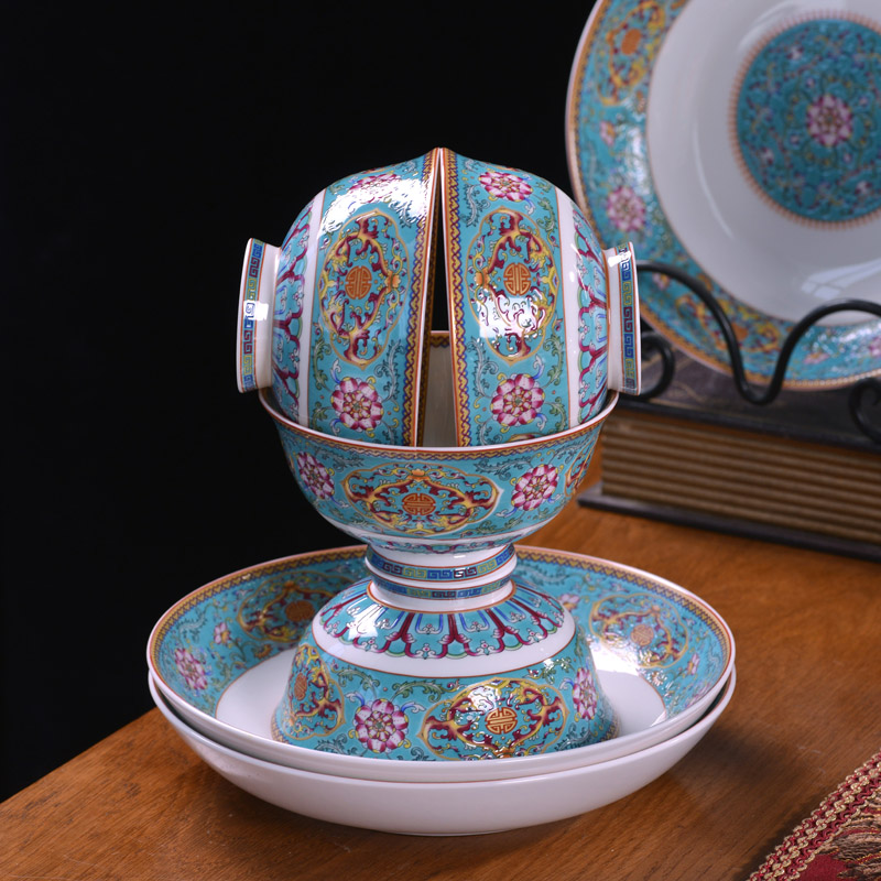 Jingdezhen ceramics colored enamel bowls plates spoon tableware suit Chinese style household jobs deep dish dish gifts custom