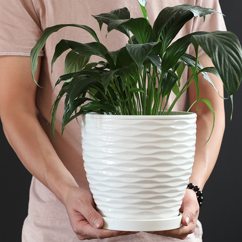 Flowerpot ceramic creative Nordic contracted large extra large, black and white with tray indoor and other household special offer a clearance