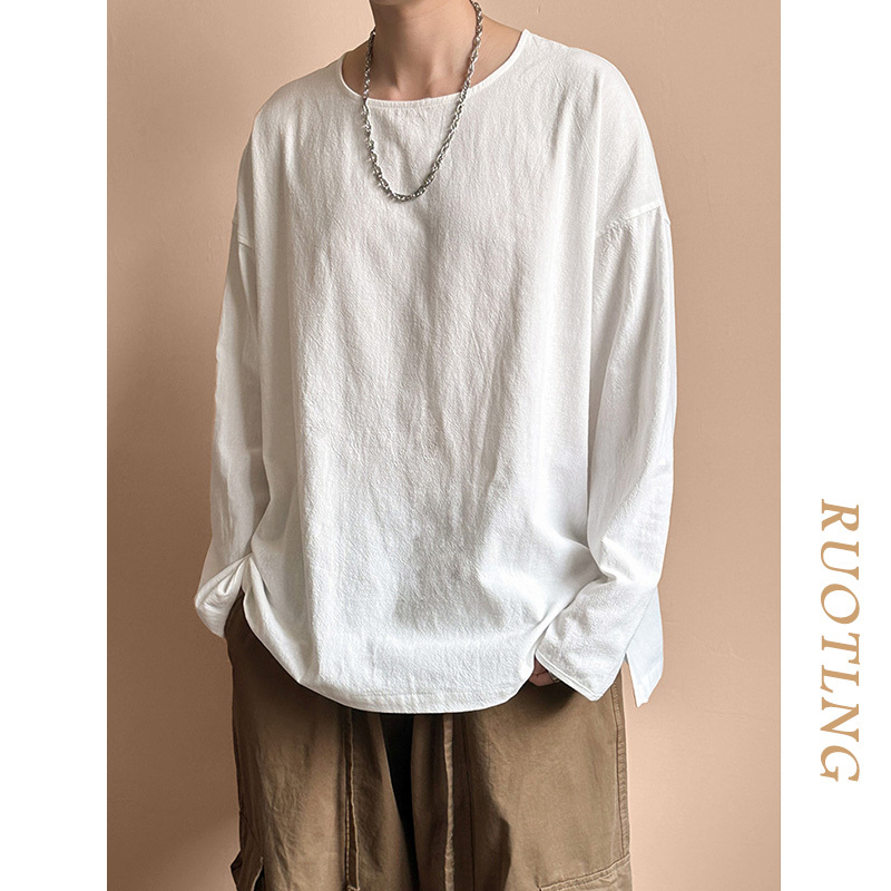 Long-Sleeved T-Shirt for Men, Spring Chinese Style Men's Clothing, Thin Pure Cotton Men's White Loose-Fitting Inner Layer Top