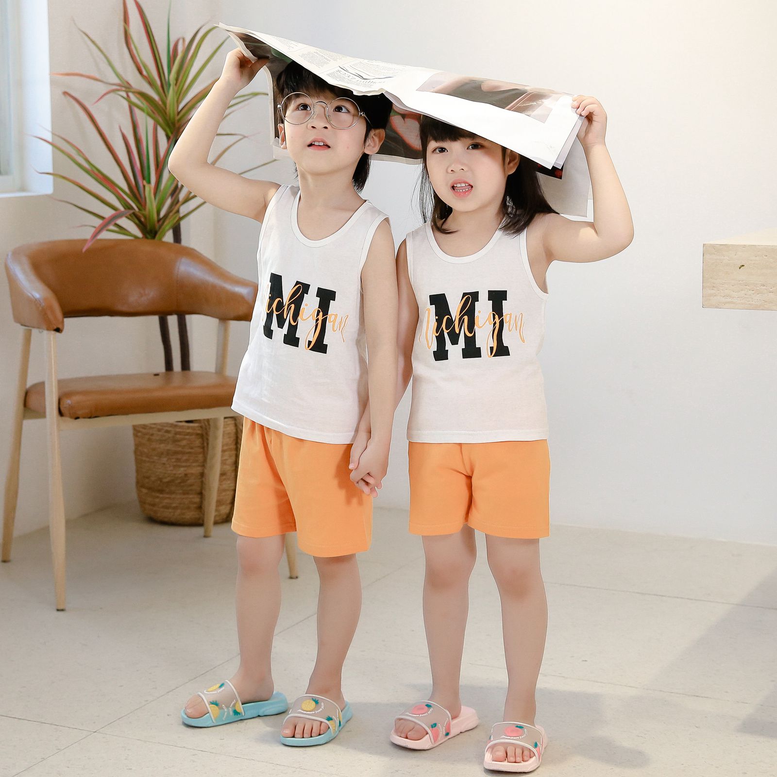 Children's vest suit summer thin cotton sleeveless boy two pieces of wearing bottom girl baby dress