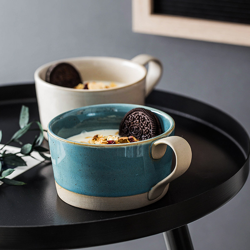 Microwaveable Japanese-style crude pottery large with lid spoon breakfast cup oatmeal cup household ceramic coffee cup milk cup