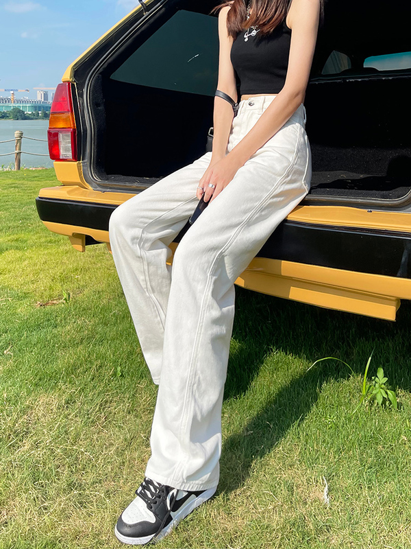 White Wide-Leg Jeans for Women, Spring and Autumn 2026 New Style, Summer Loose Fit, Slimming Off-White Straight-Leg Floor-Length Pants for Summer