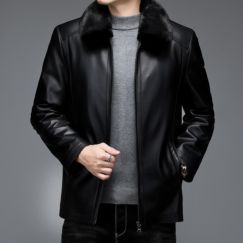 Ordos Produce Winter Thickened water mink liner jacket Male middle-aged business Warm Sheep Leather leather jacket Kerch