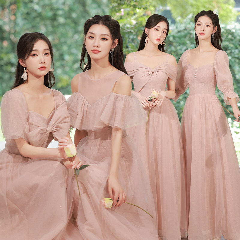 Bridesmaid dress pink 2022 new autumn sister group high-end fairy temperament choir dress skirt female winter long section