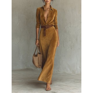 欧美跨境外贸2025秋冬麂皮绒收腰长款连衣裙时尚气质衬衫裙含腰带