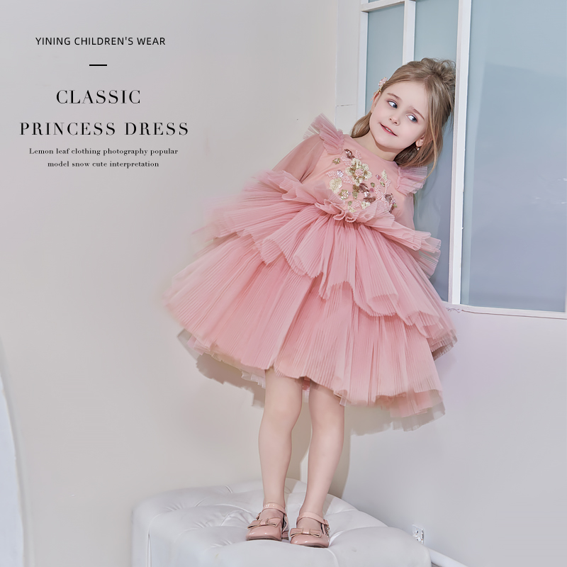 新しい春と夏の女の子のドレス、春と秋のスタイルの小さな女の子の子供のピンクのプリンセスドレス、西洋風の子供服のベビースカート