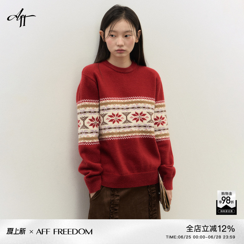 Afffreedom New Year Red Fair Isle Knit Sweater Retro Jacquard Atmosphere Round Neck Long Sleeve Sweater Autumn and Winter