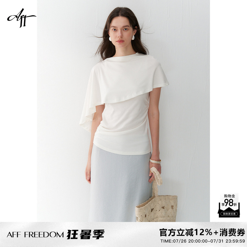 Afffreedom Lyocell Asymmetric Design Shawl-Style White T-Shirt for Women, Two-Piece Slimming Short-Sleeve Top