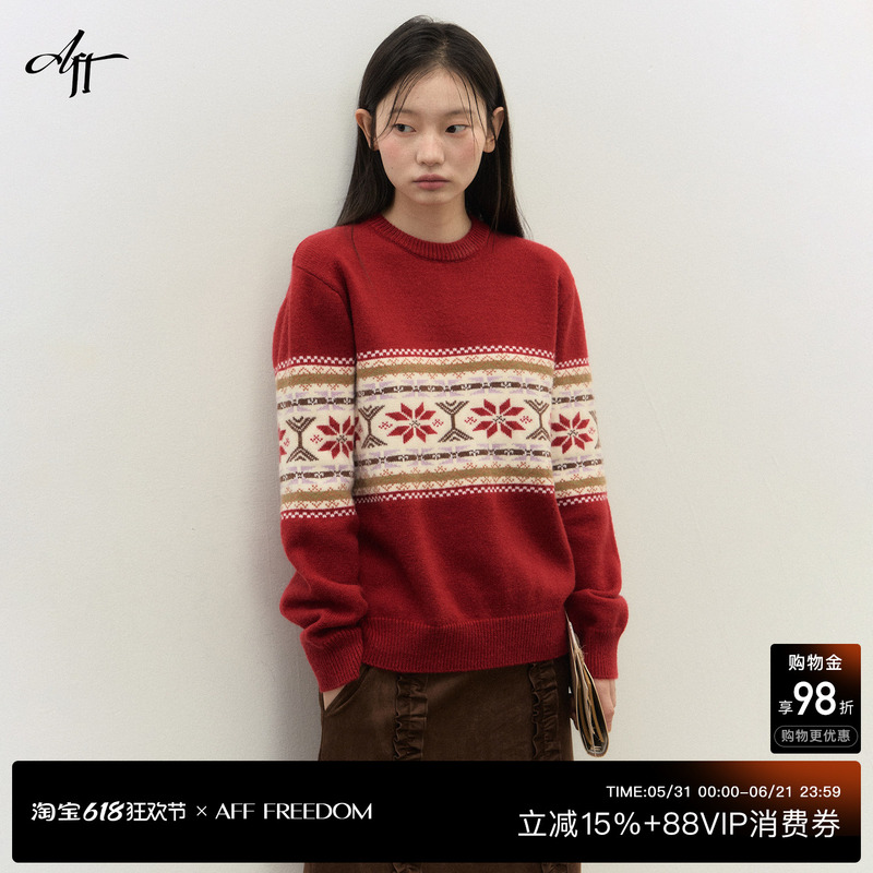 Afffreedom New Year Red Fair Isle Knit Sweater Retro Jacquard Atmosphere Round Neck Long Sleeve Sweater Autumn and Winter Afffreedom New Year Red Fair Isle Knit Sweater Retro Jacquard Atmosphere Round Neck Long Sleeve Sweater Autumn and Winter