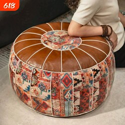 Bohemian Style Leather Ottoman Storage Pouf, Old Clothes Filled Sofa Cover, Living Room Bedroom Storage Stool, Storage Box