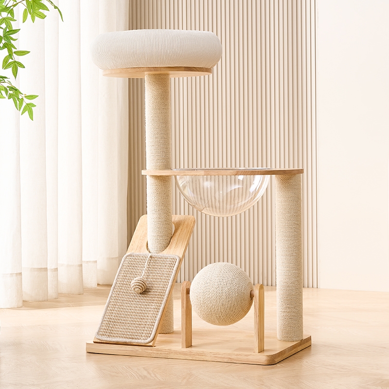 無垢材の猫用クライミングフレーム、家庭用猫用ベッド、猫用ツリー、一体型猫用爪とぎポスト、小型、宇宙カプセル猫用おもちゃ