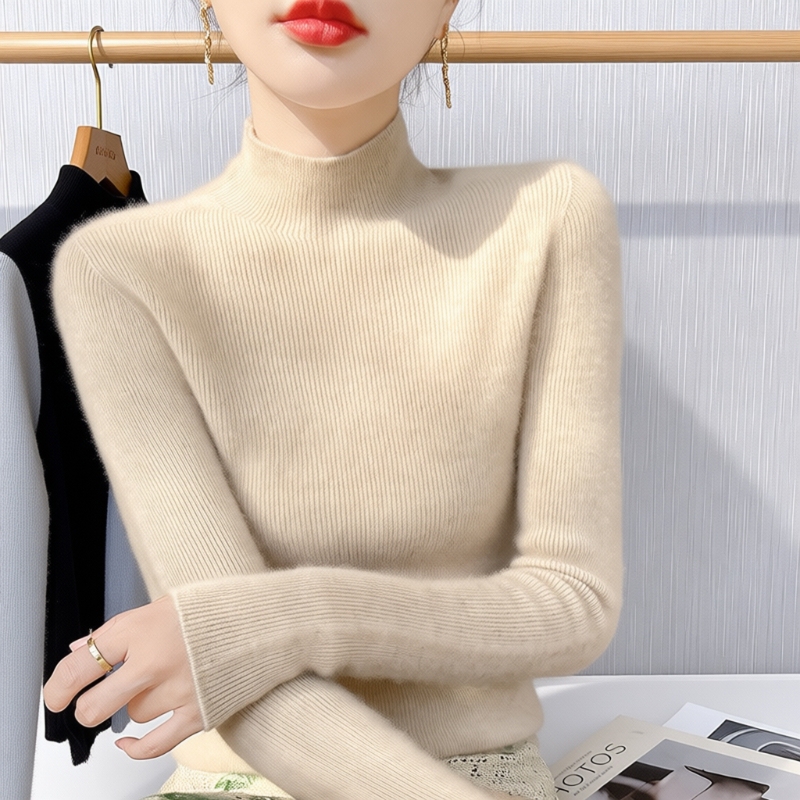 Knitted Half-Turtleneck Base Sweater for Women, Thickened for Autumn and Winter, Slim-Fit Faux Wool Sweater in White, Black, and Red