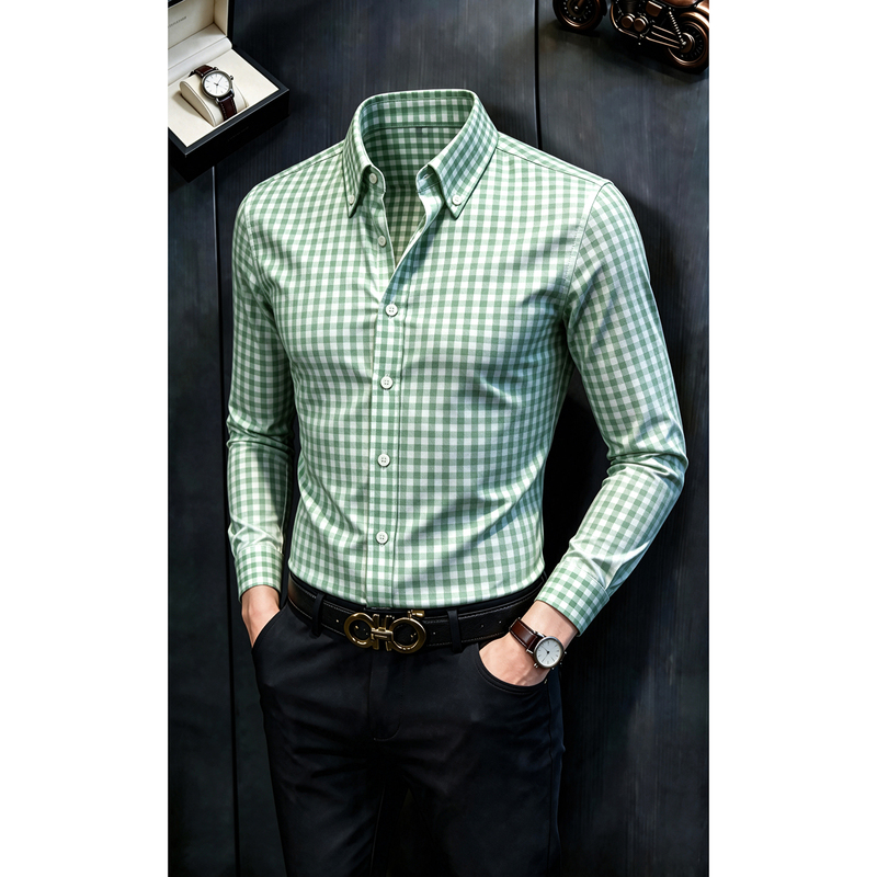 Green Small Checkered Men's Long-Sleeved Shirt 2026 New Autumn High-End Business Men's Work Clothing Lyocell Shirt