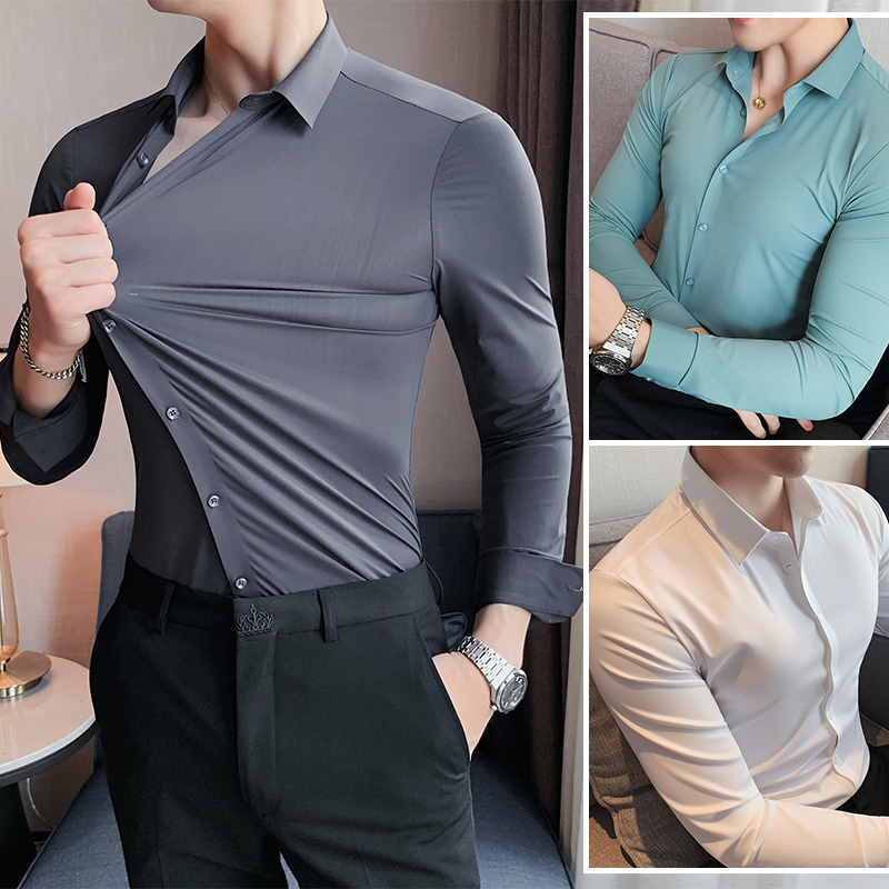 Elastic Long-Sleeved Shirt for Men, Business Casual, Summer 2026 New Style, Korean Style Slim Fit, Handsome Men's Shirt