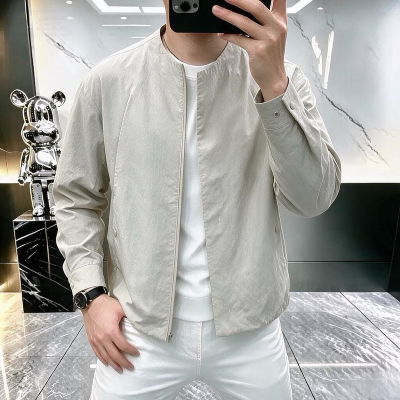 Light Luxury Men's Round-Neck Jacket, Spring and Autumn Trendy Versatile Casual Outerwear, Men's Fashionable Zip-Up Jacket, Early Autumn Thin Coat Light Luxury Men's Round-Neck Jacket, Spring and Autumn Trendy Versatile Casual Outerwear, Men's Fashionable Zip-Up Jacket, Early Autumn Thin Coat