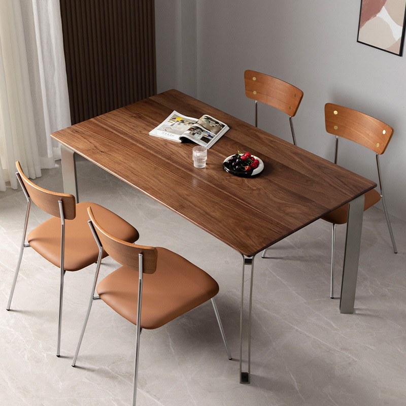 North American Black Walnut Dining Table for Home Use, Small Apartment Simple Desk, Stainless Steel Rectangular Modern Light Luxury Solid Wood Table