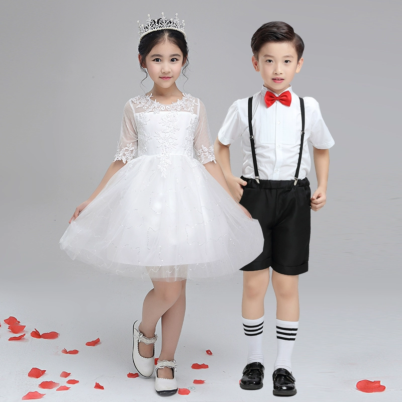 Trẻ em của trang phục đàn piano công chúa váy cô gái ăn mặc hoa cô gái váy cưới pettiskirt nhỏ máy chủ mùa hè hiển thị set bộ vest bé trai kèm cavat