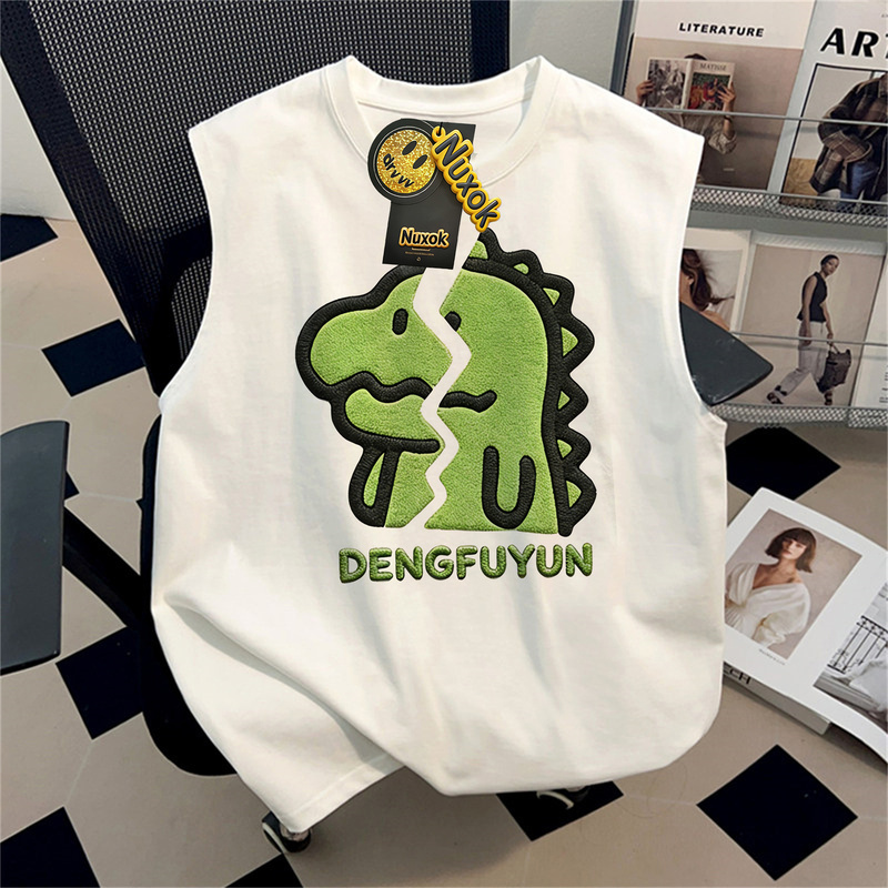 Nuxok Cartoon Dinosaur Imitation Embroidery Printed Cotton Vest for Men and Women, Summer Loose Sleeveless Outerwear Versatile Top Nuxok Cartoon Dinosaur Imitation Embroidery Printed Cotton Vest for Men and Women, Summer Loose Sleeveless Outerwear Versatile Top