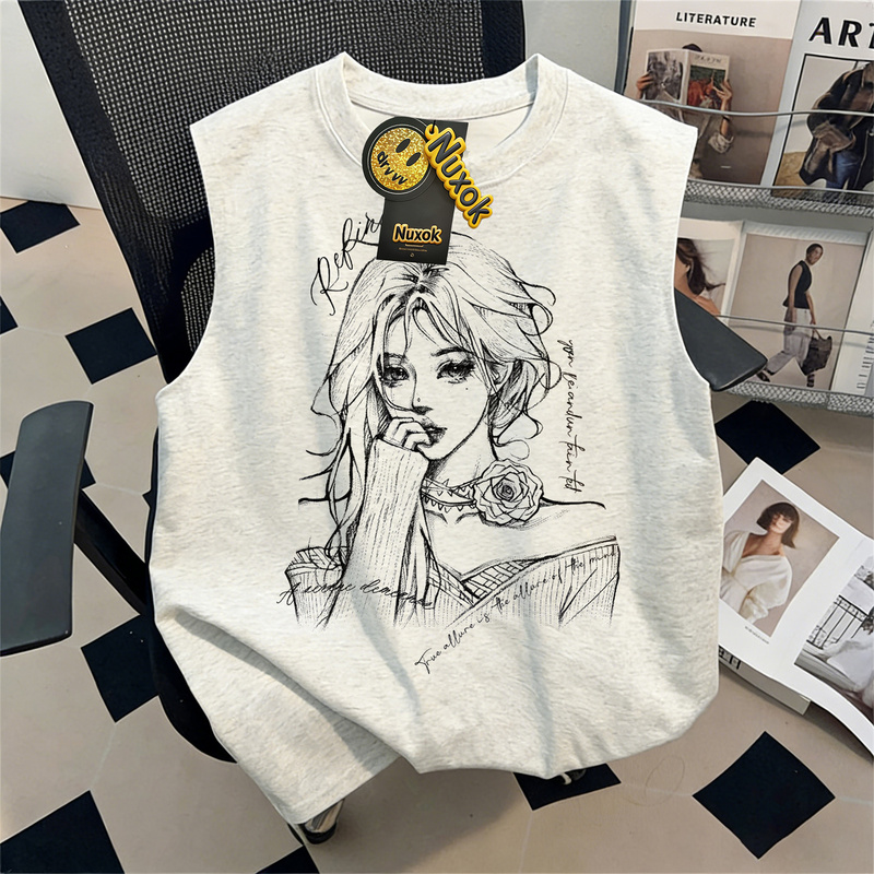 Pure Cotton Sketch-Style Vintage Girl Print Vest Unisex 2026 Summer Loose Sleeveless T-Shirt Trendy Outerwear Top