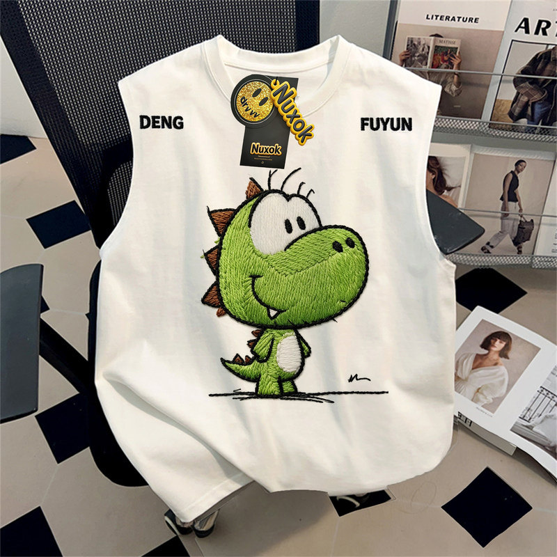 Nuxok Pure Cotton Cartoon Dinosaur Imitation Embroidery Printed Vest for Men and Women, Summer Loose Sleeveless Pullover Outerwear