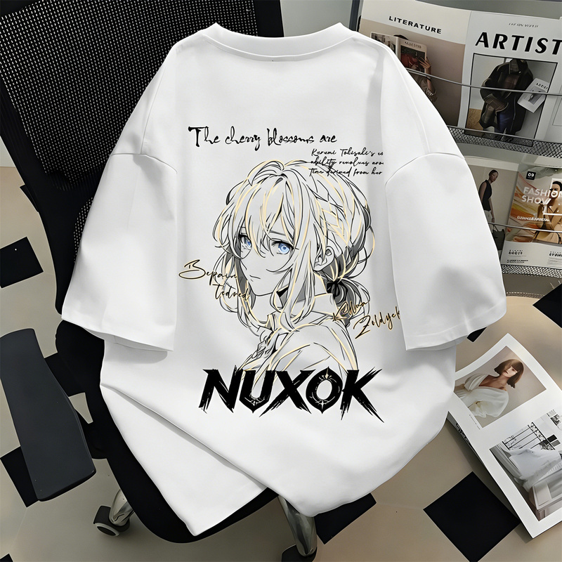 Violet Printed Short-Sleeved Pure Cotton Two-Dimensional T-Shirt for Men and Women, Teenagers, Round Neck, Loose-Fitting Anime Top