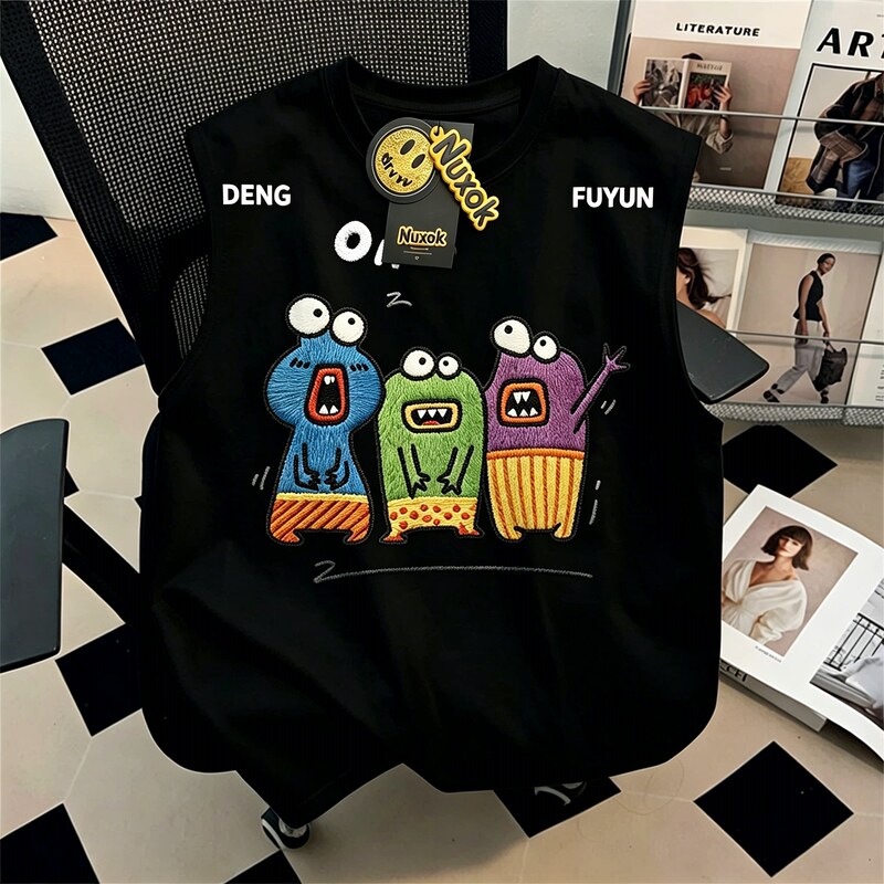 Nuxok Cartoon Imitation Embroidery Print Vest for Men and Women, Summer Loose Pure Cotton Sleeveless Pullover Top, Trendy Brand Waistcoat Nuxok Cartoon Imitation Embroidery Print Vest for Men and Women, Summer Loose Pure Cotton Sleeveless Pullover Top, Trendy Brand Waistcoat