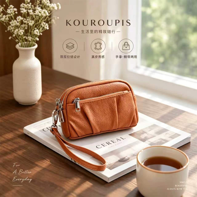 Double-Layer Multi-Zipper Coin Purse for Women, Soft Leather Wristlet Clutch, Small Bag for Coins, Lipstick, Keys, Cards, Portable Storage Pouch