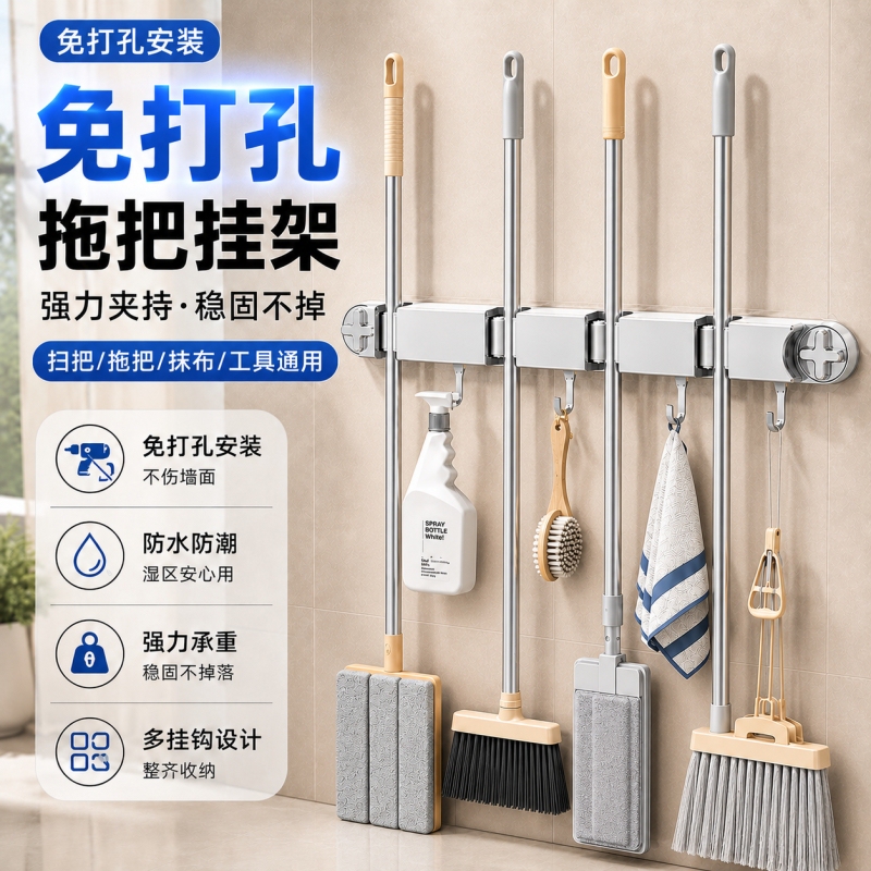 Mop Wall-Mounted Clip Suction Cup Broom Mop Hook No-Drill Bathroom Balcony Mop Holder Strong Fixed Hanging Rack