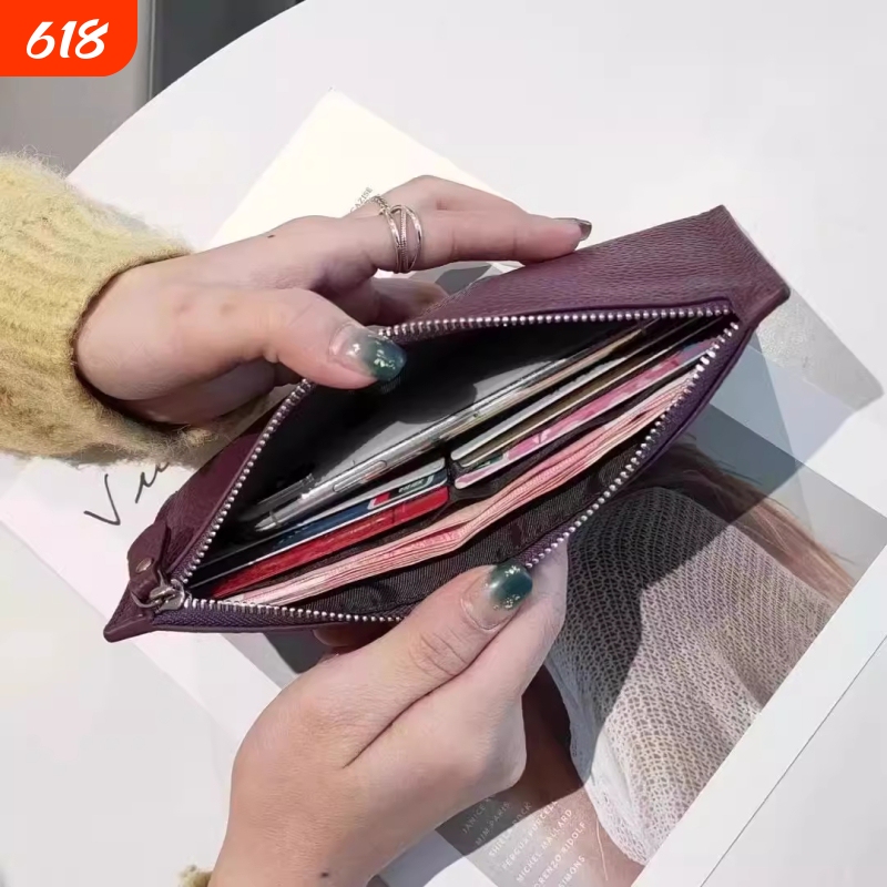 2025 New Model Women's Ultra-Thin Long Wallet Genuine Leather with Zipper, Hand-Held Coin and Phone Holder, Id Holder, Red and Black
