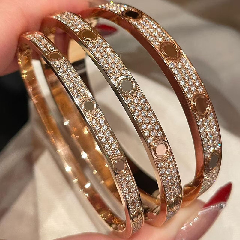 Wide Version Full Diamond 18K Rose Gold Bracelet, Narrow Version Star-Studded Four-Diamond Screw Nail Bracelet for Men and Women, Versatile
