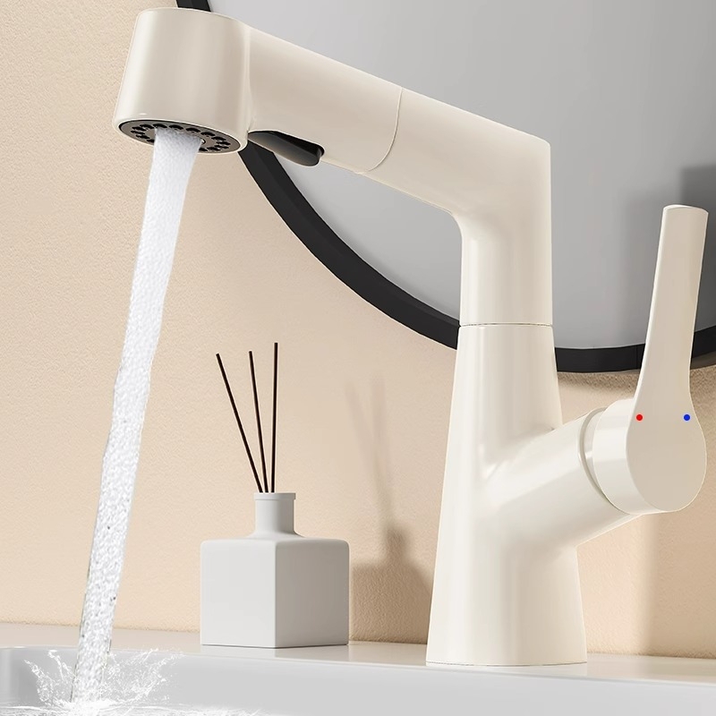 White Washbasin Faucet for Home Use, Pull-Out Adjustable Bathroom Basin Faucet, Hot and Cold, Silent, Cream Style