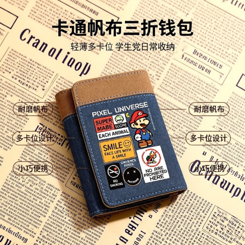 Coin Purse Wallet Driver's License Document Storage Bag Ins Retro Student Men's Card Holder Large Capacity Cartoon Canvas