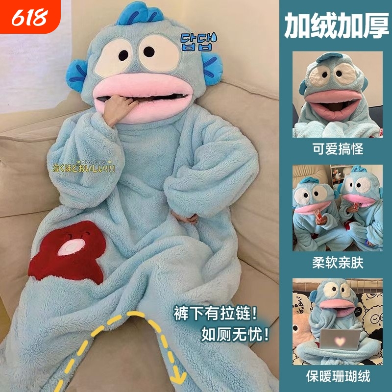 Clownfish One-Piece Pajamas, Big-Mouth Fish Autumn and Winter Quirky Coral Fleece Loungewear for Men and Women, Thickened Version Sleepwear
