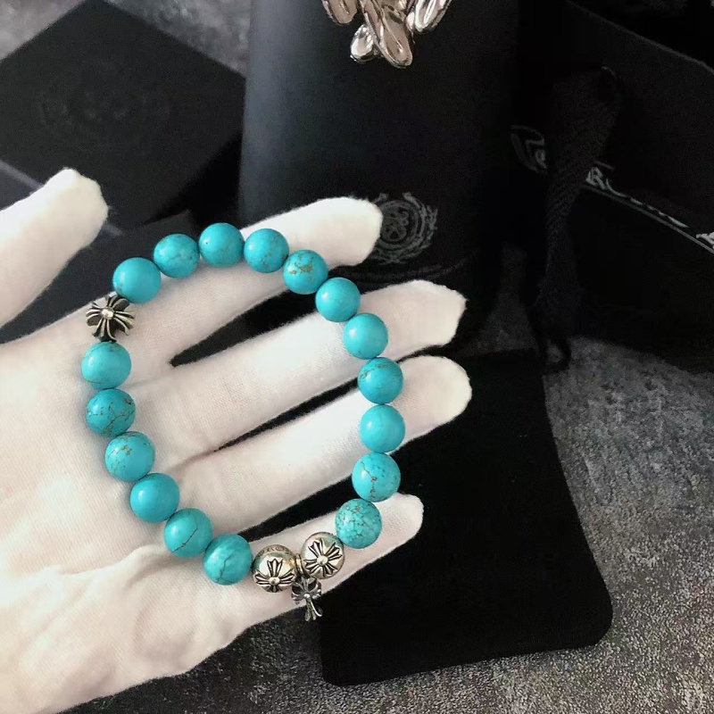 Brand New Stress-Free Social Accessory, High-Quality Custom-Designed Chrome Hearts Natural Turquoise Bracelet with Cross, G-Dragon Style