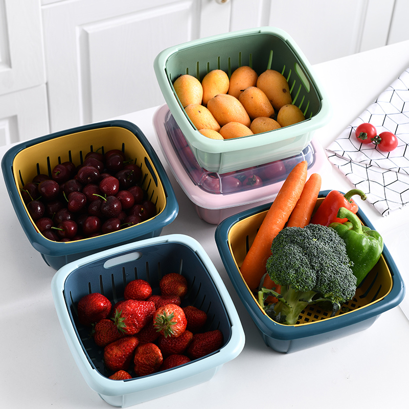 Double Layer Wash Vegetable Drain Basket With Lid Living-room Fruit Basin Portable Work Tea Table Fridge Fruit Basket Kitchen Vegetable Preservation Box