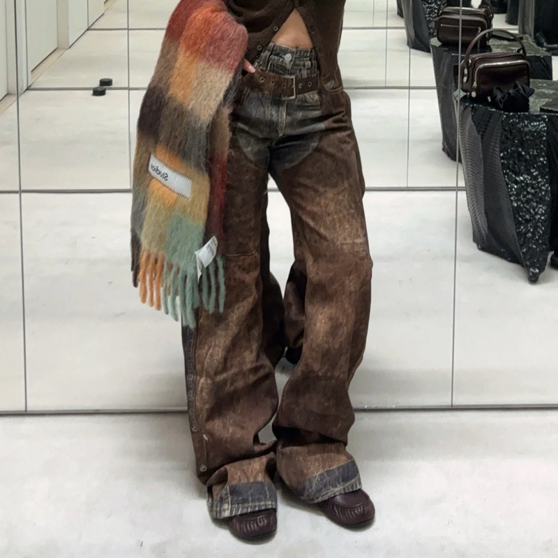 808S Ac Style 25Fw Western Cowboy Leather Illusion 3D Printed Jeans for Men and Women, Distressed Flared Pants 808S Ac Style 25Fw Western Cowboy Leather Illusion 3D Printed Jeans for Men and Women, Distressed Flared Pants