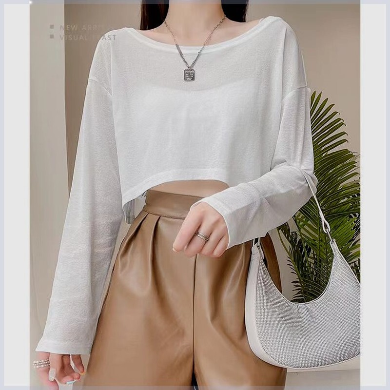 Plus Size 150kg Ice Silk Mesh Base Shirt for Women, Summer Long-Sleeved T-Shirt, Loose Short Sun Protection Cover-Up Top