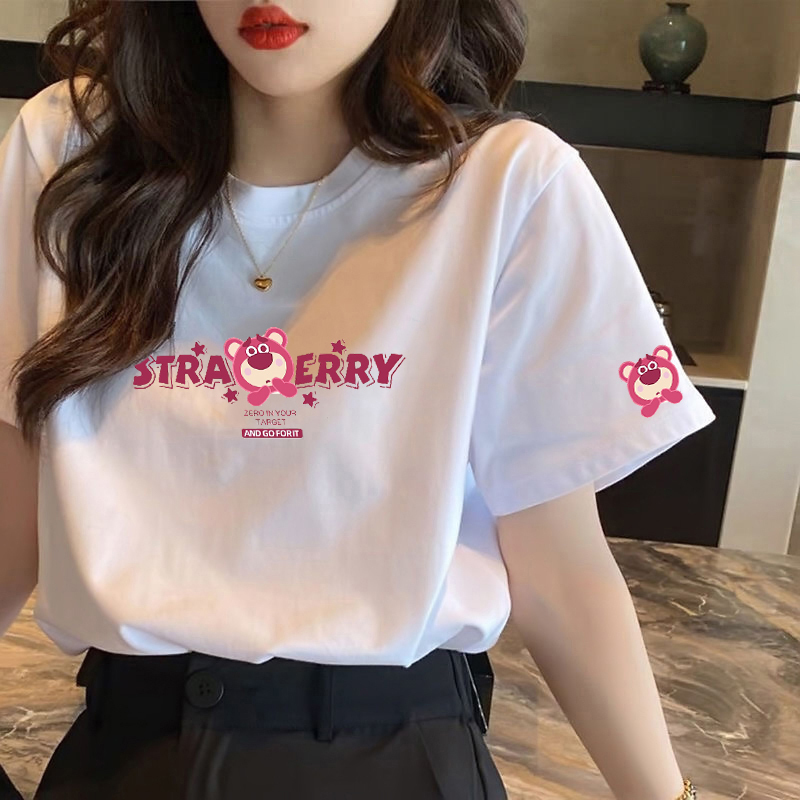 European Style White Regular Shoulder Pure Cotton Cartoon Short-Sleeve T-Shirt for Women 2026 Summer New Pink Loose Basic Half-Sleeve Top