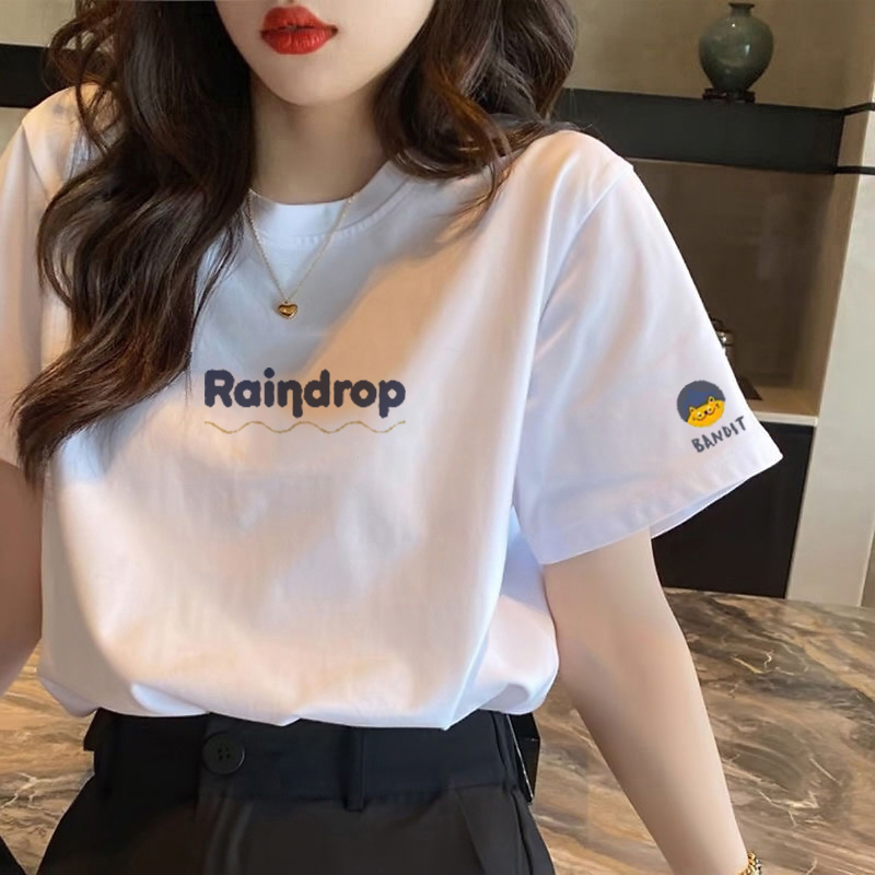 European Style White Regular Shoulder Short-Sleeve T-Shirt for Women, 2026 Summer New Loose Fit Pure Cotton Trendy Printed Top Basic Shirt