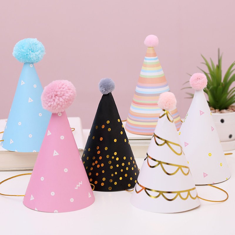 Children's one-year-old full moon creative theme layout cute birthday hat birthday party hat fur ball hat dress up supplies