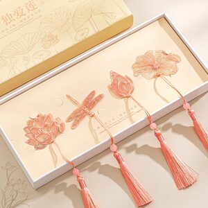 Ancient Style Lotus Bookmark, Classical Chinese Style Bookmark, Hollow Metal Brass Museum Cultural and Creative High-End Birthday Gift, Premium Gift Box, Greeting Card, Custom Writing, Teacher's Day