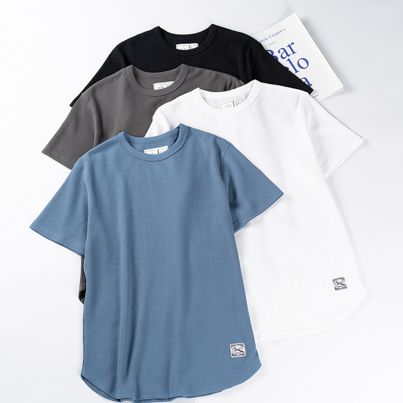 Strongly recommended cotton-jersey waffle spring/summer men's versatile solid color casual crew neck short sleeve tee tide