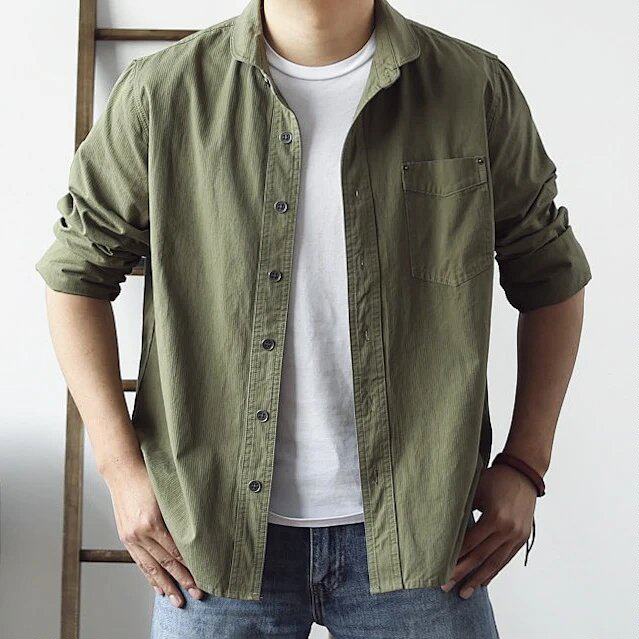 Day Series Retro Rounded Corners Collar Design Greens Bronze Nameplate Herringbone Text-pure Military Wind Shirt Shirt Man