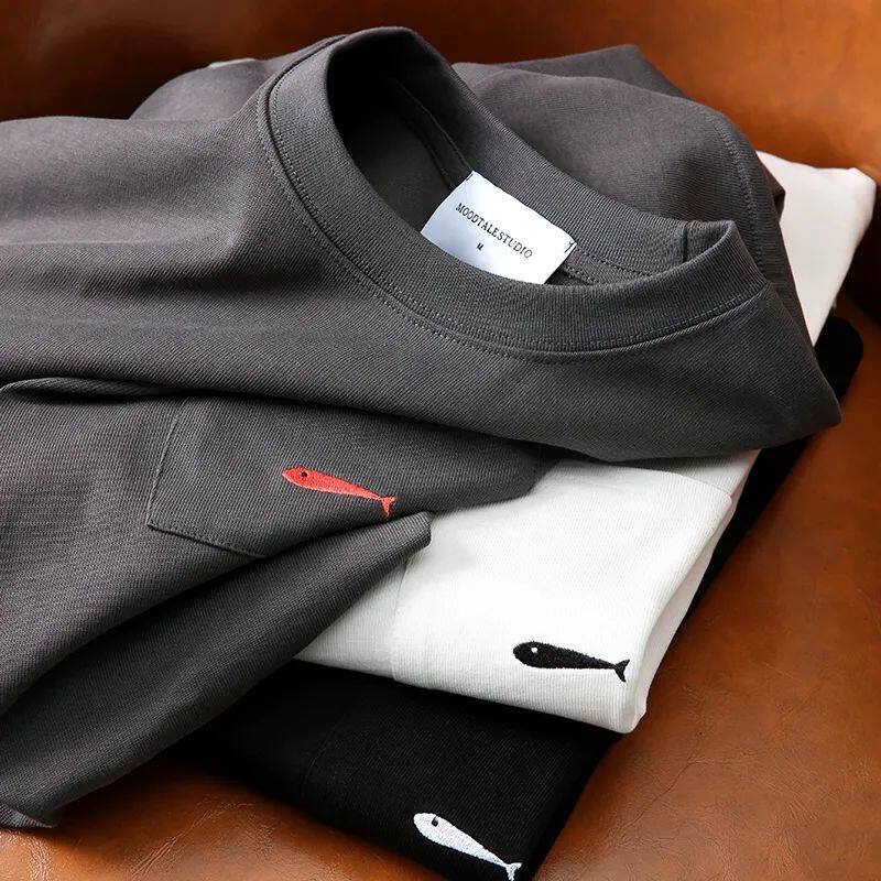 Sun tide wear pocket whale embroidery high gram double yarn long-staple cotton men's new wide-version short-sleeved T-shirt D293