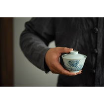 Jingdezhen City Miyun Fasting Ceramics Green Flower Cover Bowl Hand-painted Lotus handwritten Poetry Wen Bowl Tea Bowl Tea Bowl Tea Bowl Tea Bowl