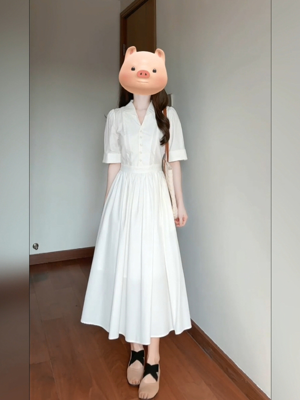 Xzy/Xinzhengyan Plus-Size French-Style Commuting White Shirt Dress for Women, Summer Polo Collar Waist-Cinching Long Dress Xzy/Xinzhengyan Plus-Size French-Style Commuting White Shirt Dress for Women, Summer Polo Collar Waist-Cinching Long Dress