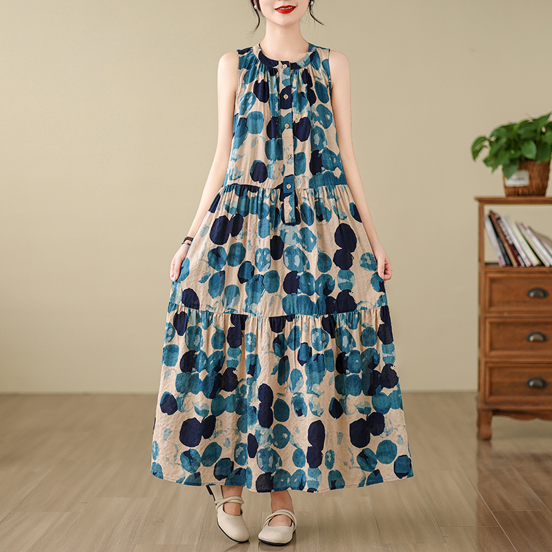 Color-Blocked Polka-Dot Printed Cotton and Linen Dress, Plus-Size Women's Clothing, Thin Round-Neck Sleeveless Tank Dress, Slimming A-Line Long Dress Color-Blocked Polka-Dot Printed Cotton and Linen Dress, Plus-Size Women's Clothing, Thin Round-Neck Sleeveless Tank Dress, Slimming A-Line Long Dress