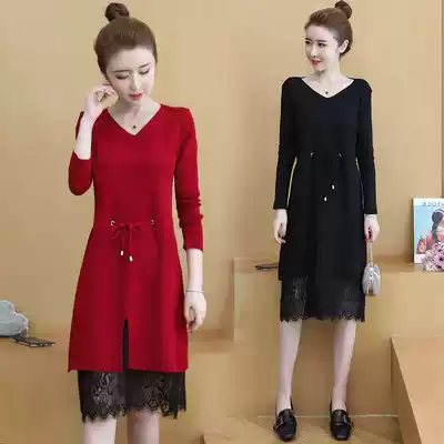 2021 autumn and winter clothes new long sleeve dress women waist slim lace temperament long knitted base skirt